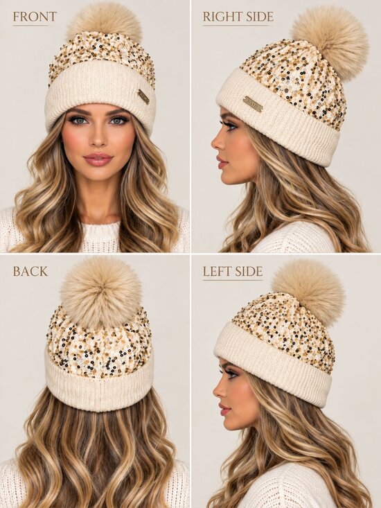 Accessories - Winter Cream Tan Sequin Pom Pom Beanie Women’s Knit Hat Faux Fur